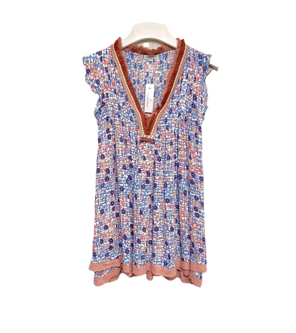Poupette St Barth Kids Sasha Dress Blue Bloom Lace Trim XL NWT